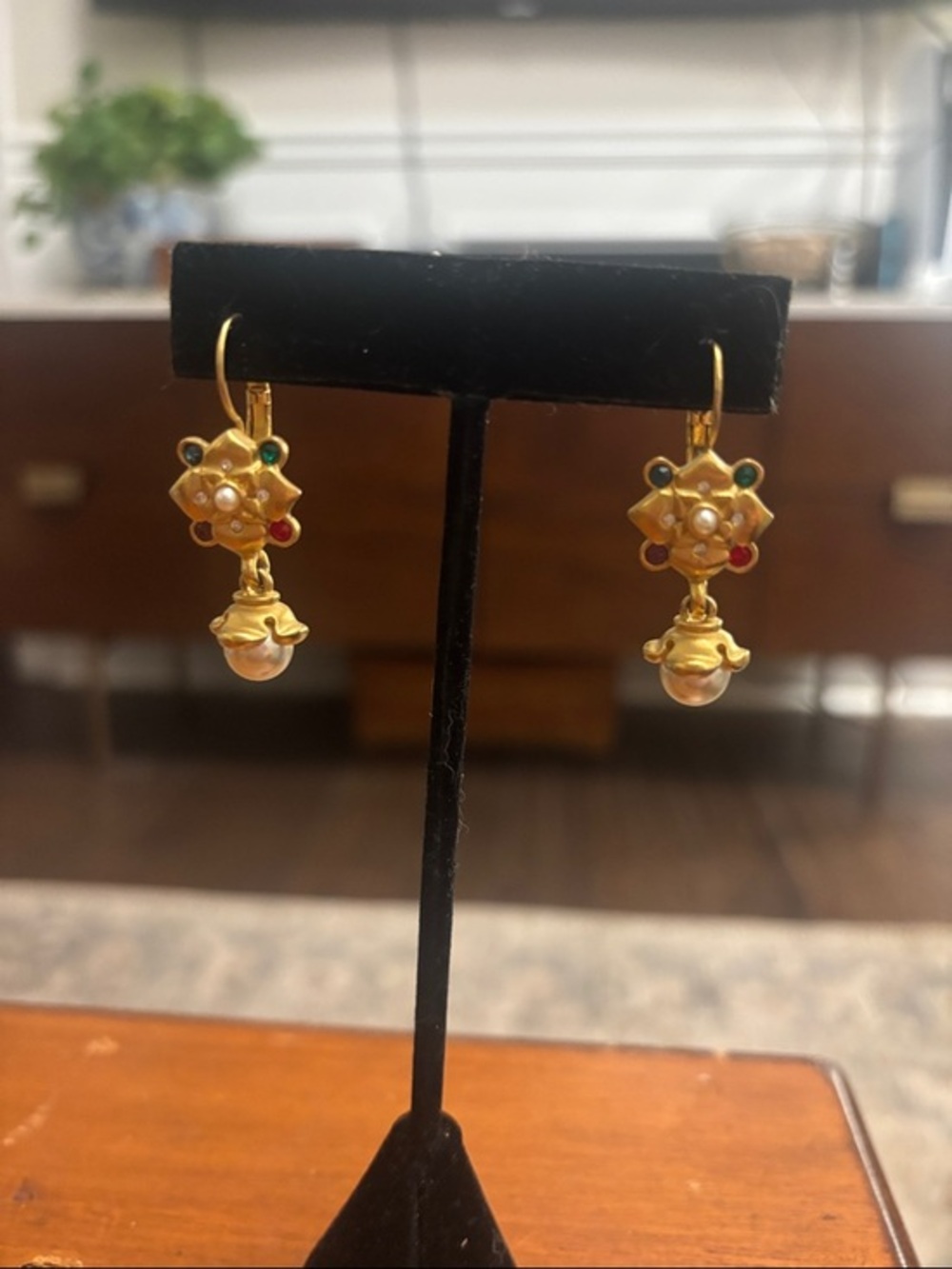 Gold Floral Pearl Drop Earrings with Multicolor Accents